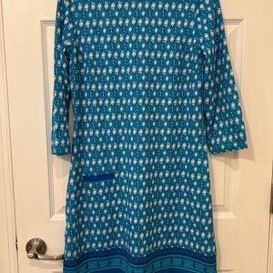 Cabana Life Blue and White Sheath Dress with 3/4 Cuffed Sleeves